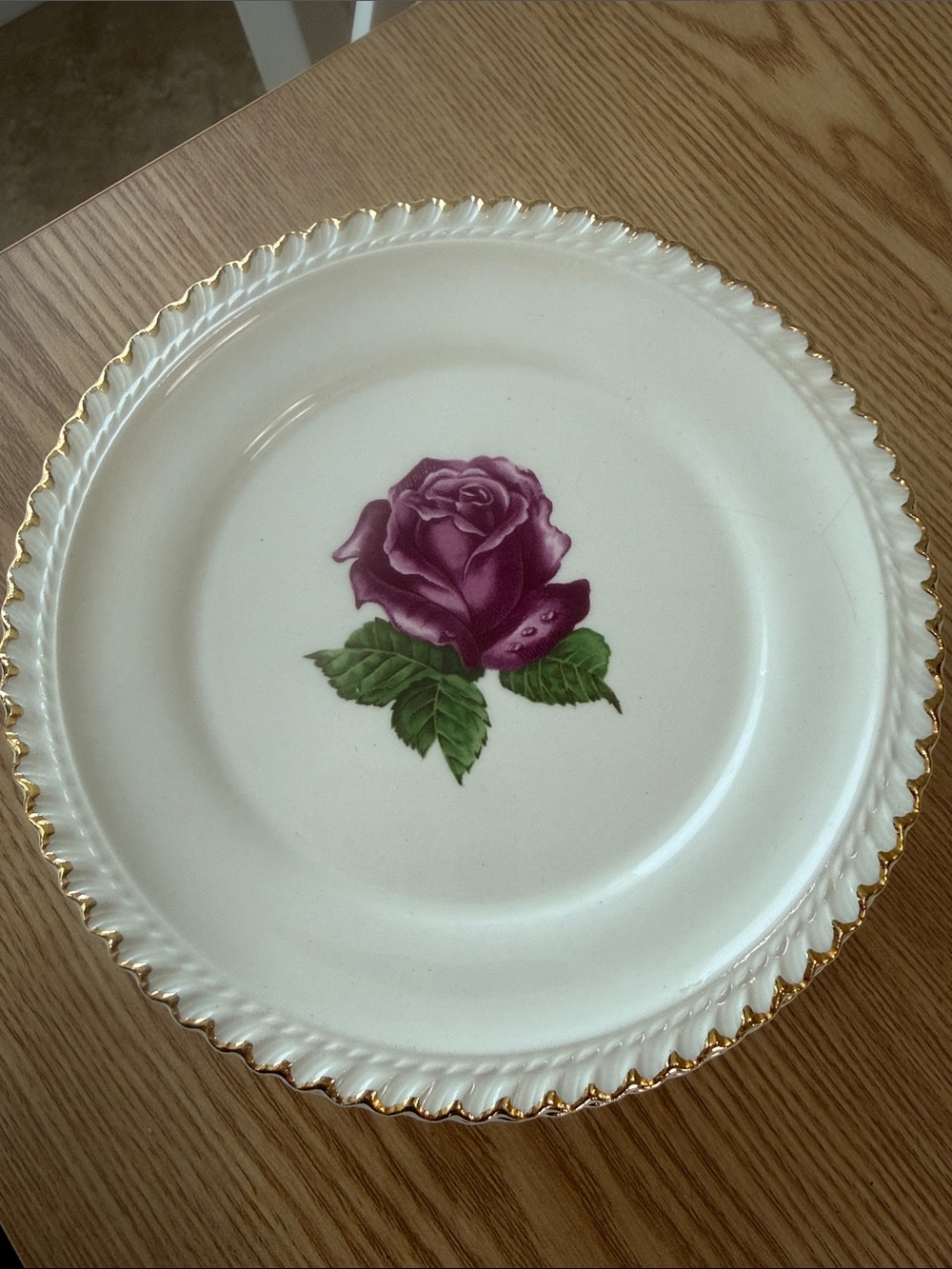 Harker Pottery Co. Made in USA Dessert Plate, Rose and 22K Gold Scalloped Rim